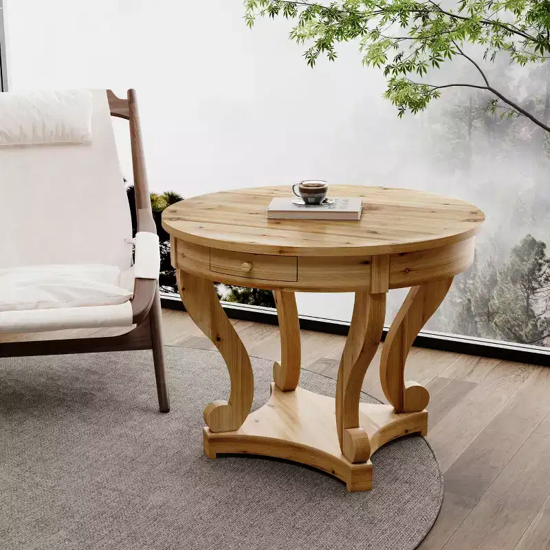 Small Round Dining Table with 2 Drawers and Curved Legs