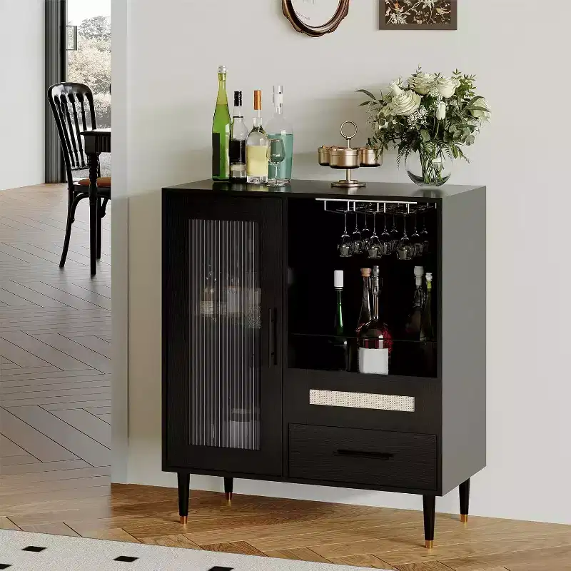 Black / Green Modern Coffee Bar Cabinet with Wine Rack & Drawer, for 1–2 Users