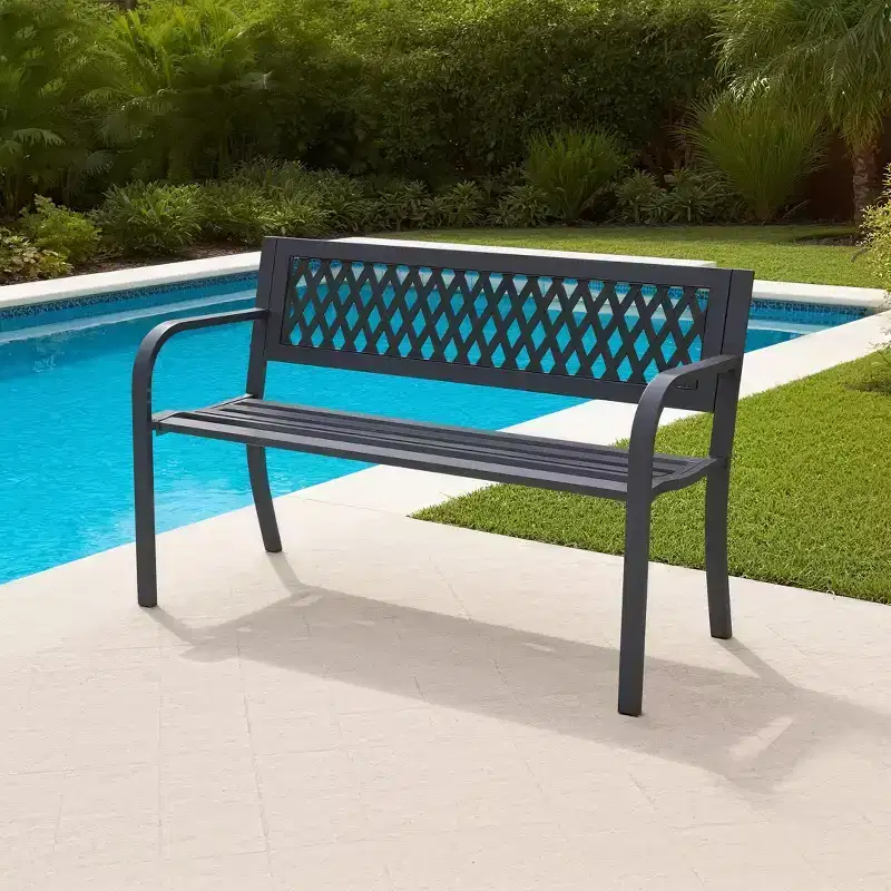 Iron Frame Bench with Geometric Hollowed-Out Design, Suitable for Gardens, Courtyards, and Terraces