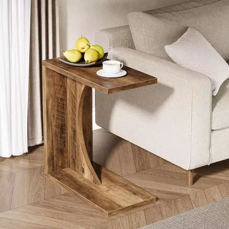C-Shaped End Table for Couch, Small Bedside Table, Wooden Nightstand for Living Room & Bedroom, Rustic Brown