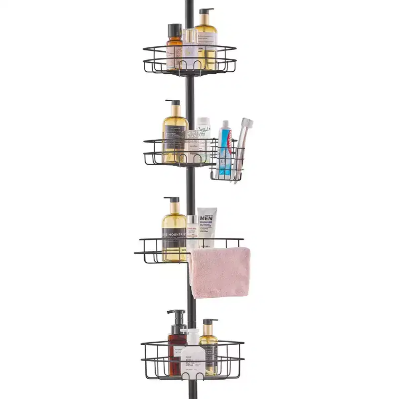 4-Shelf Shower Corner Caddy Tension Pole Adjustable 56-114 in Rust-Resistant Bathroom Organizer