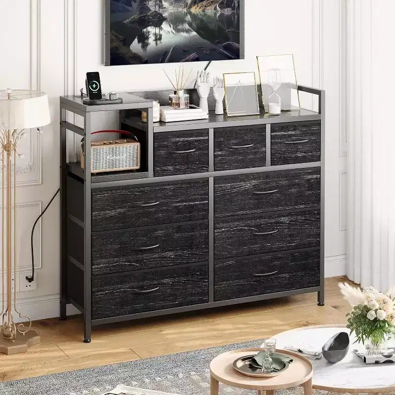 9-Drawer Storage Dresser - Steel/MDF Frame with Charging Station, 3-Size Drawers for Bedroom/Living Room