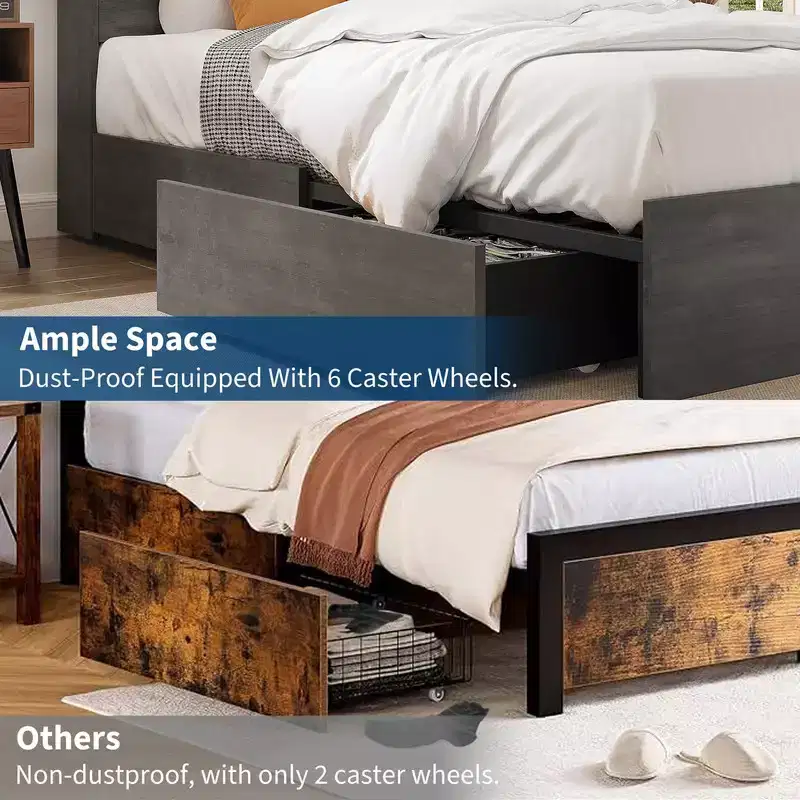 Bed Frame with Bookcase Headboard, 4 Drawers & Built-in Charging Station – No Box Spring Needed