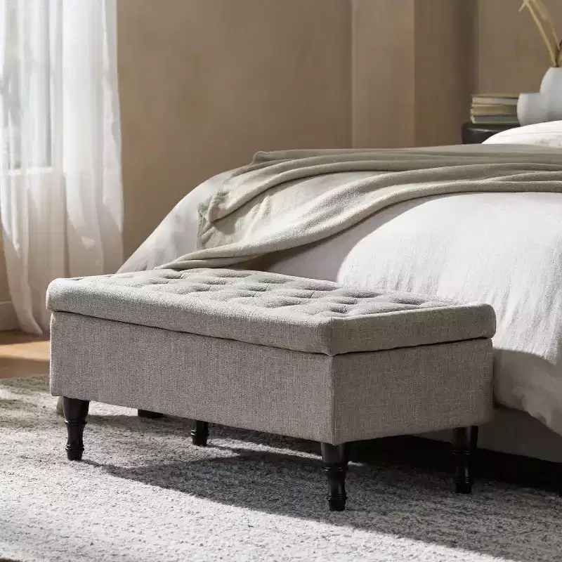 Tufted Storage Ottoman Bench with Spindle Wood Legs