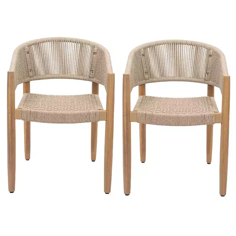 ModernLuxe Acacia Wood Outdoor Rope Dining Chairs, Patio Accent Chair Club Chair with Hand-Woven Rope - Set of 2, Brown