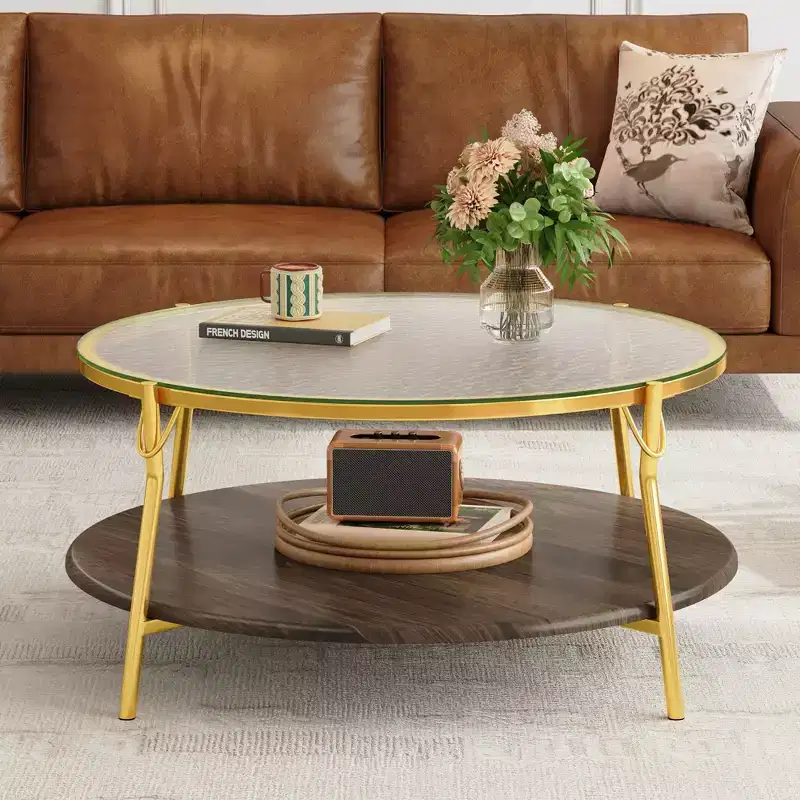 Modern Round Walnut 2-Tiered Coffee Table with Glass Top and Gold Base for Living Room, 29.9