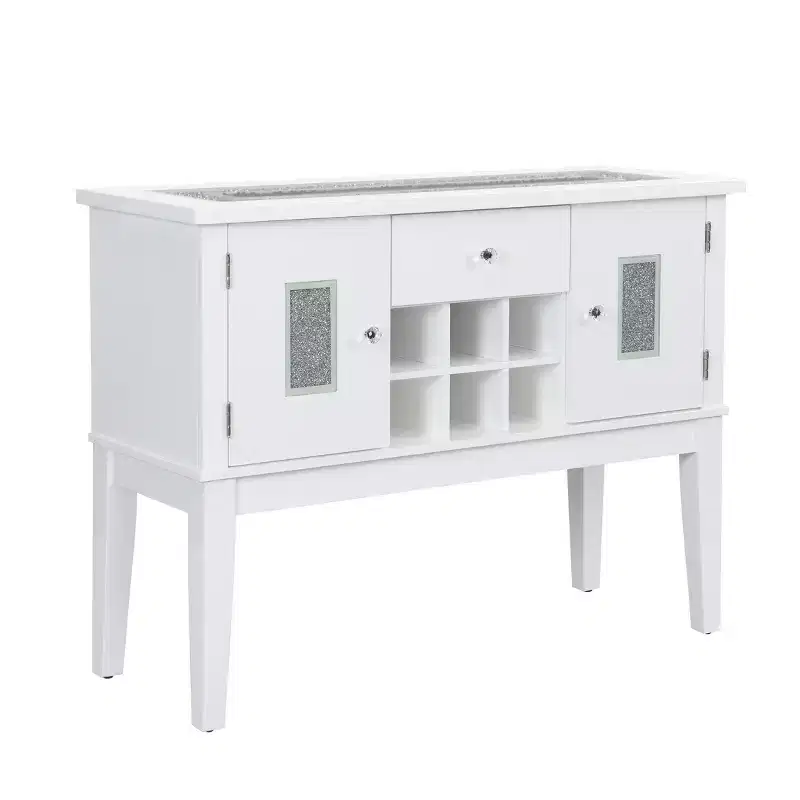 48-Inch Dining Cabinet - White High Gloss & Faux Crystal