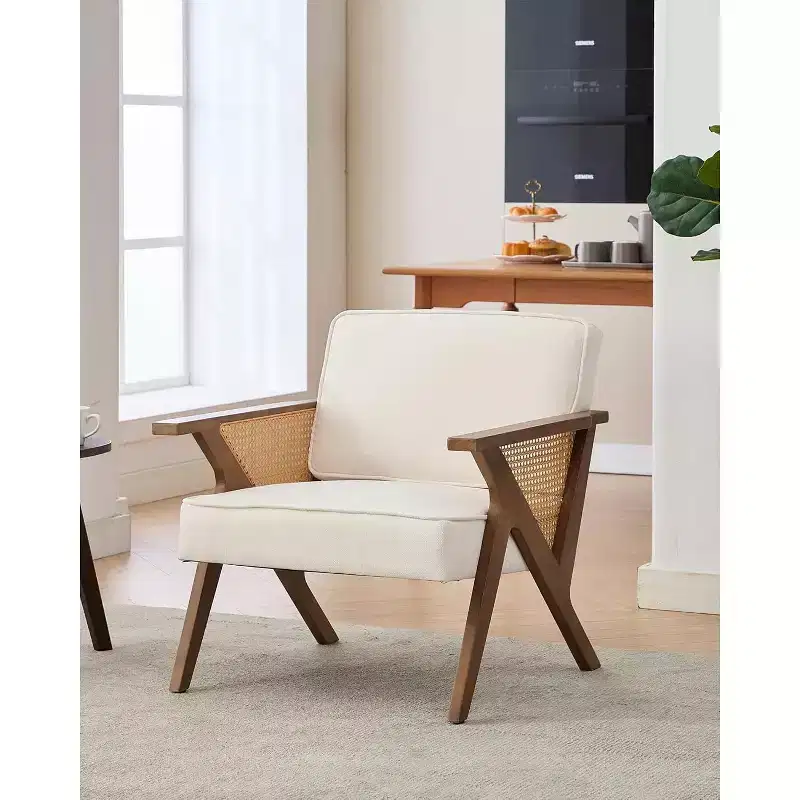 Mid-Century Modern Accent Chair, Firm Wood Legs, Linen Fabric, for Living Room, Bedroom