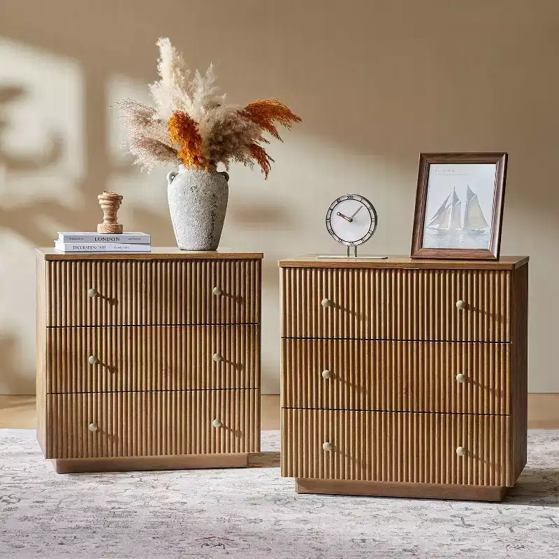 Albert 3-Drawer Nightstand Set of 2 with Solid Wood and Charging Station|ART OF LIVING DESIGNS-ACORN