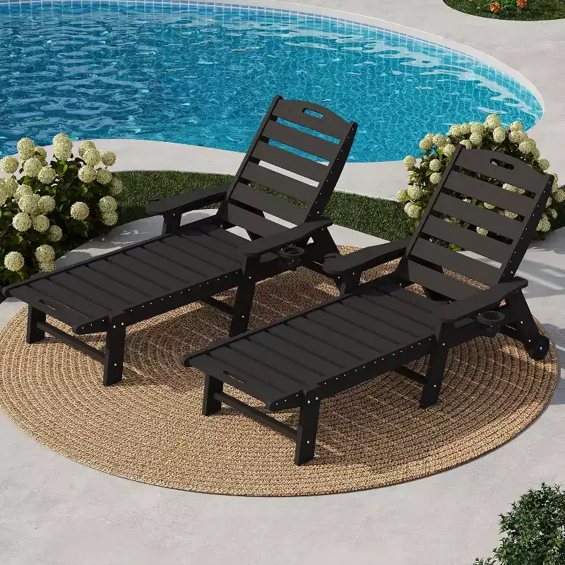2 PCS Outdoor HDPE Chaise Lounge with Rolling Wheels, Oversize HDPE 5-Position Pool Lounge Chairs, Pool Lounges Chairs