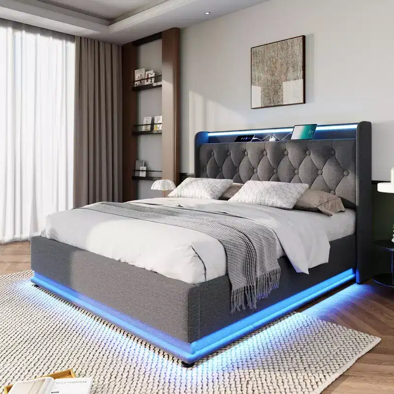 Full Upholstered Platform Bed with 360 Surround LED Function, USB Type-C Charging, Gray