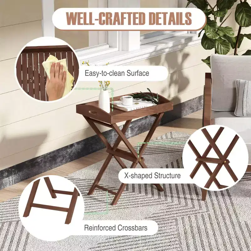Costway 1/2 PCS Solid Teak Wood Tray Table 28 High Folding Table with Removable Tray Top