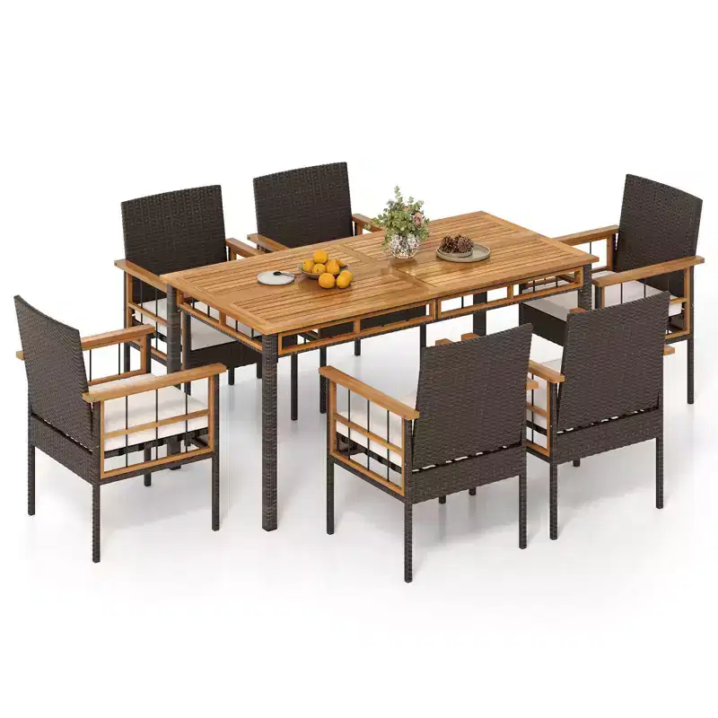 Costway 7 PCS PE Wicker Patio Dining Set with 1.97 Umbrella Hole, Cushions for Deck Garden Mix Brown
