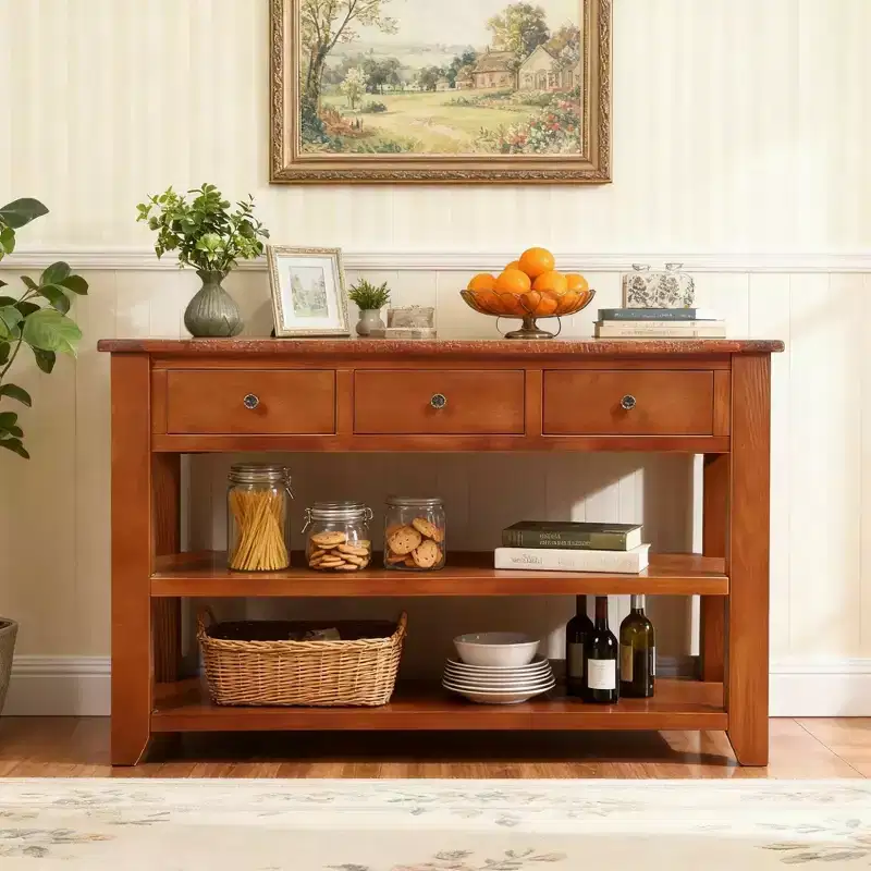 Modern Solid Wood Top Console Table with 3 Drawers and 2 Shelves, Brown