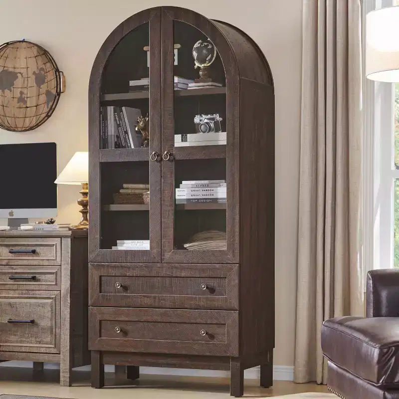 71 Tall Arched Pantry Cabinet with 2 Drawers & Adjustable Shelves & Glass Doors, Modern Farmhouse Kitchen Storage Cabinet