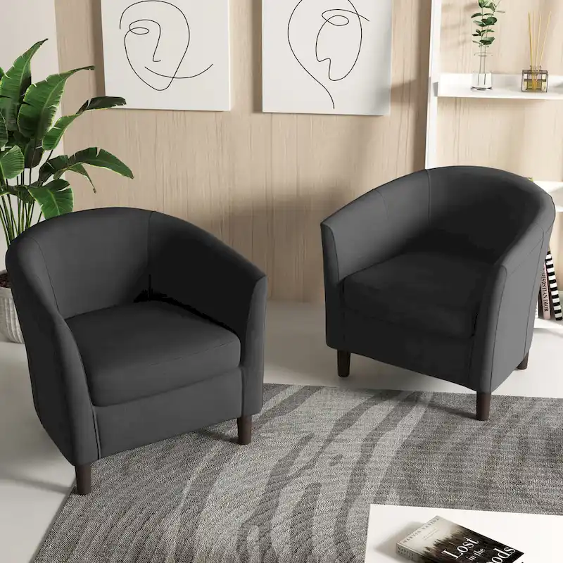 2 Set Modern Linen Barrel Accent Chairs Club Armchair