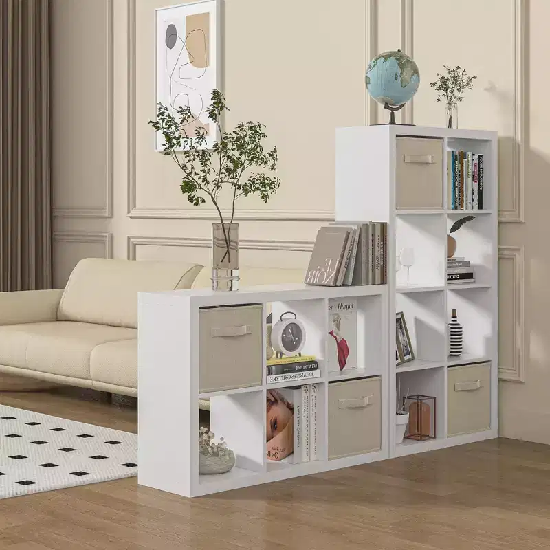 12-Cube Storage Organizer Bookshelf with Storage Bins, Modern White Bookcase for Bedroom