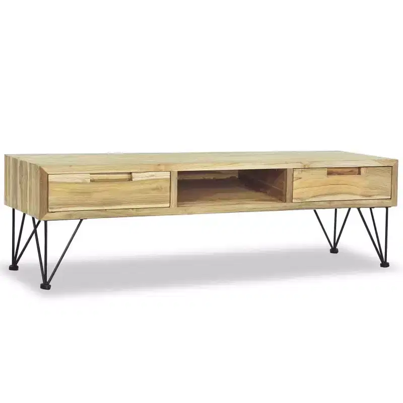 vidaXL TV Cabinet Natural Wood Recycled Solid Teak, Wrought Iron