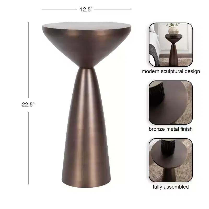 Metal Round Side Table – Bronze Sculptural Accent Table, 12.5x22.5 in
