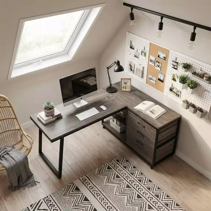 MAYEERTY Reversible L-Shaped Desk with 3 Drawers & Open Shelves, 53 Home Office Computer Desk