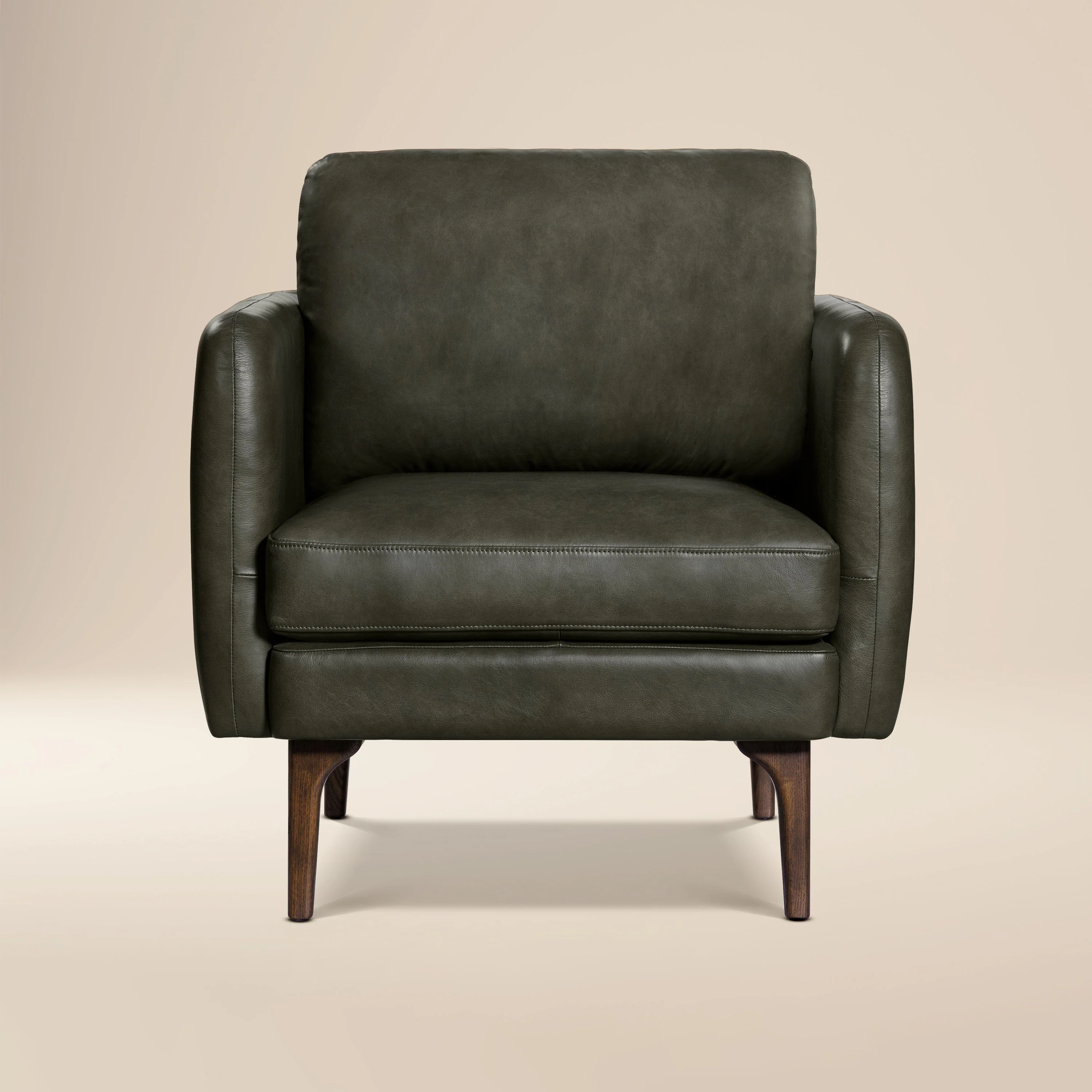 Mid-Century Modern Olivine Green Leather Lounge Chair with Kiln-Dried