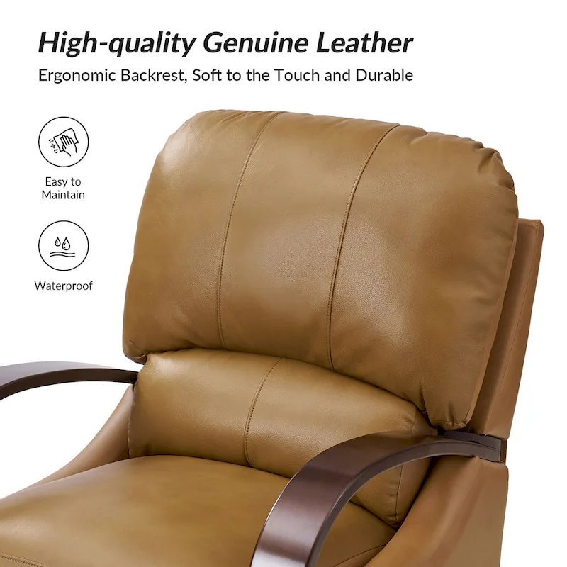 Alex Mid-century Modern Cigar Genuine Leather Manual Recliner with Wooden Curved Arms