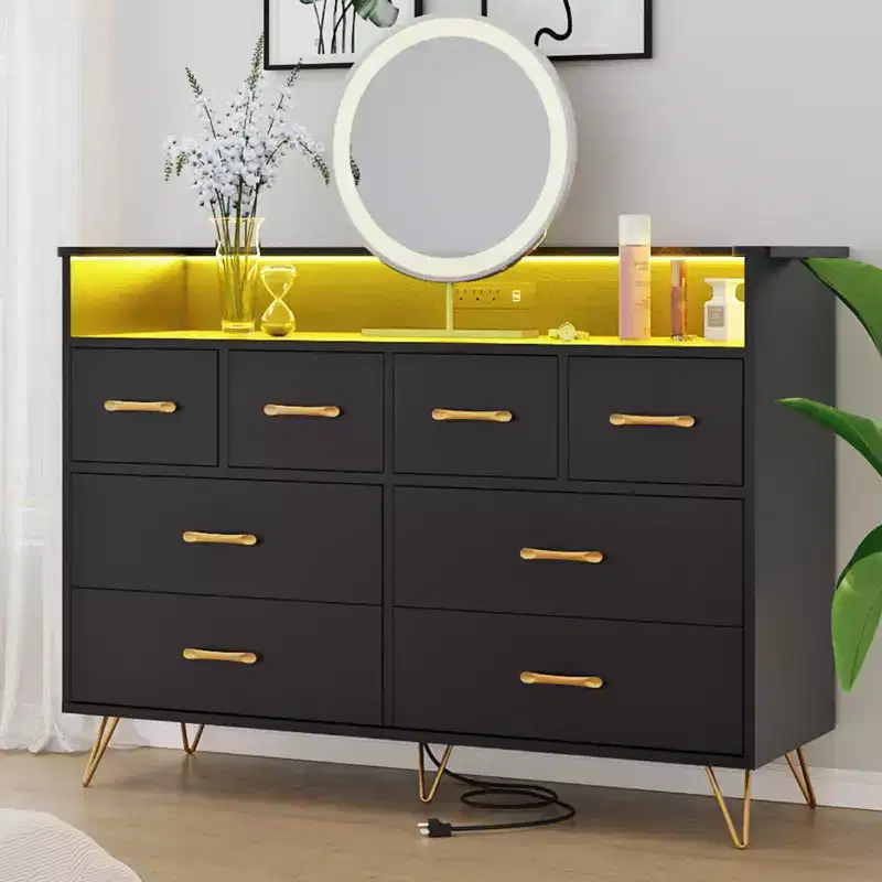 8-Drawer Dresser with Power Outlet, LED Lights & Gold Handles, Modern Wood Chest, White