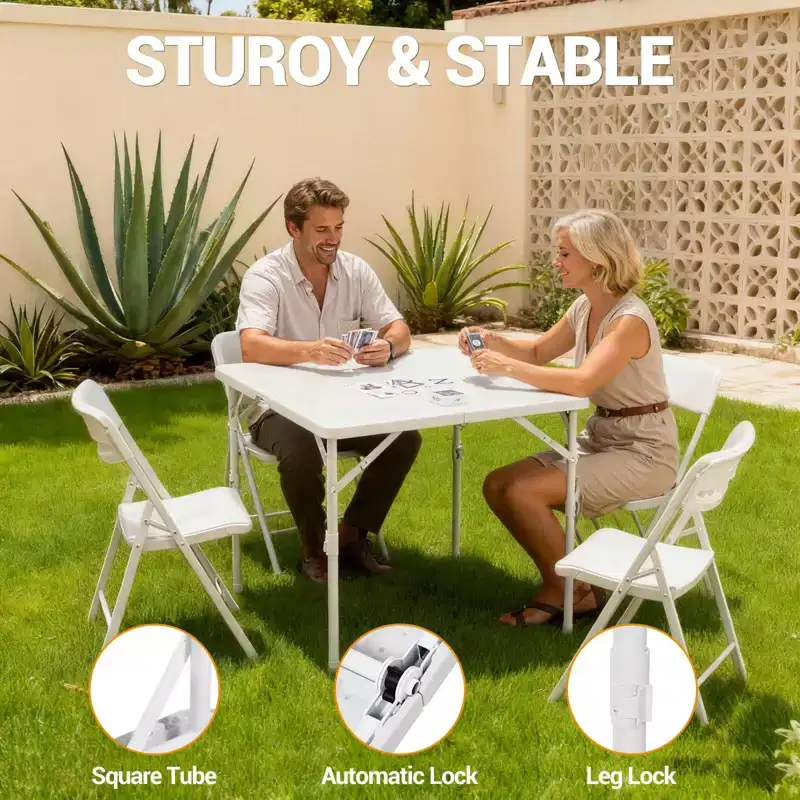 34 Square Folding Table, Multi-Functional Portable Foldable Card Table with Carrying Handle for Indoor Outdoor Camping Use Plastic Tabletop