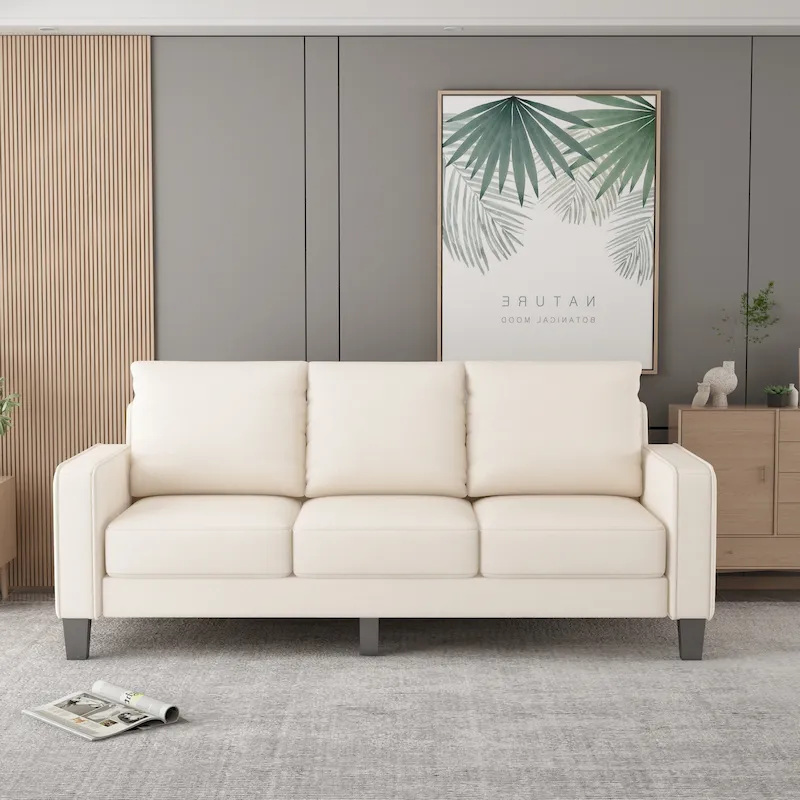 Beige Fabric Sofa with Square Arm and Tufted Back