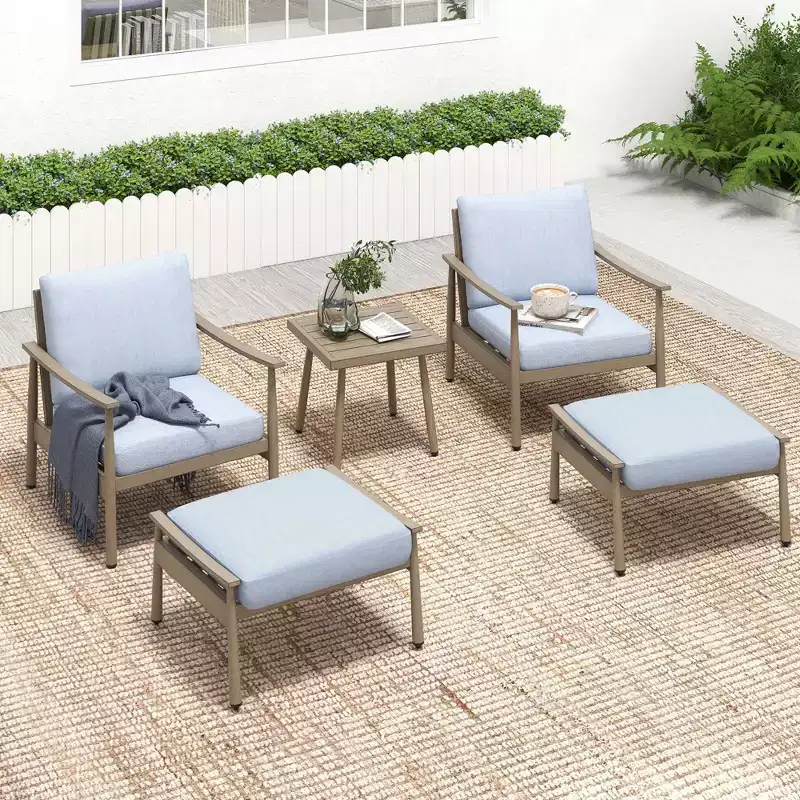 HAPPATIO Aluminum Outdoor Furniture Set,5 Pieces Patio Furniture Set, 1 Side Table, 2 Armchairs and 2 Ottomans with Cushion for Yard Deck Poolside