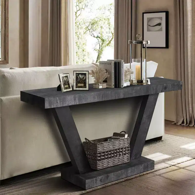 60-Inch Rustic Entryway Console Table with Distressed Wood Top and Wide V-Leg Base for Hallway
