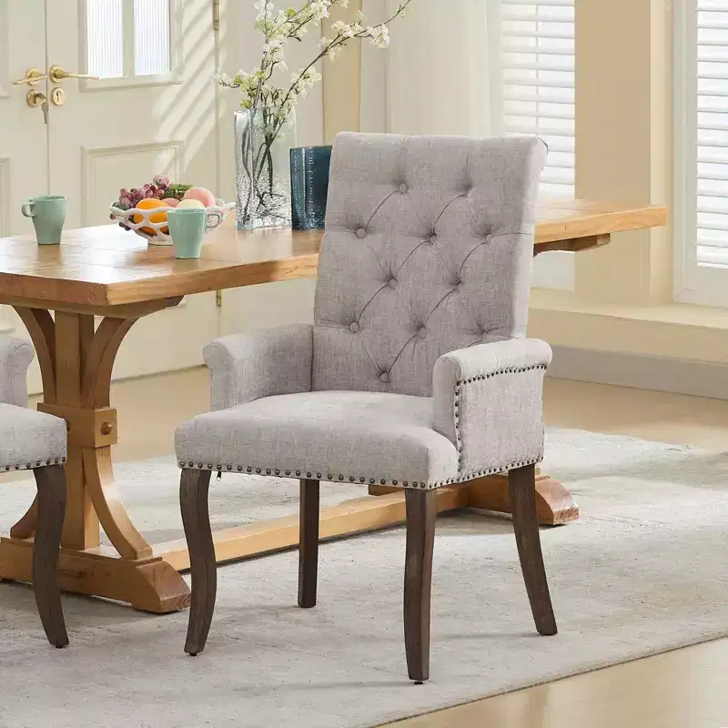 MAYEERTY Upholstered Chenille Dining Chair - Curved Solid Wood Legs, Tufted Design, Armrests, Beige, Single Pack