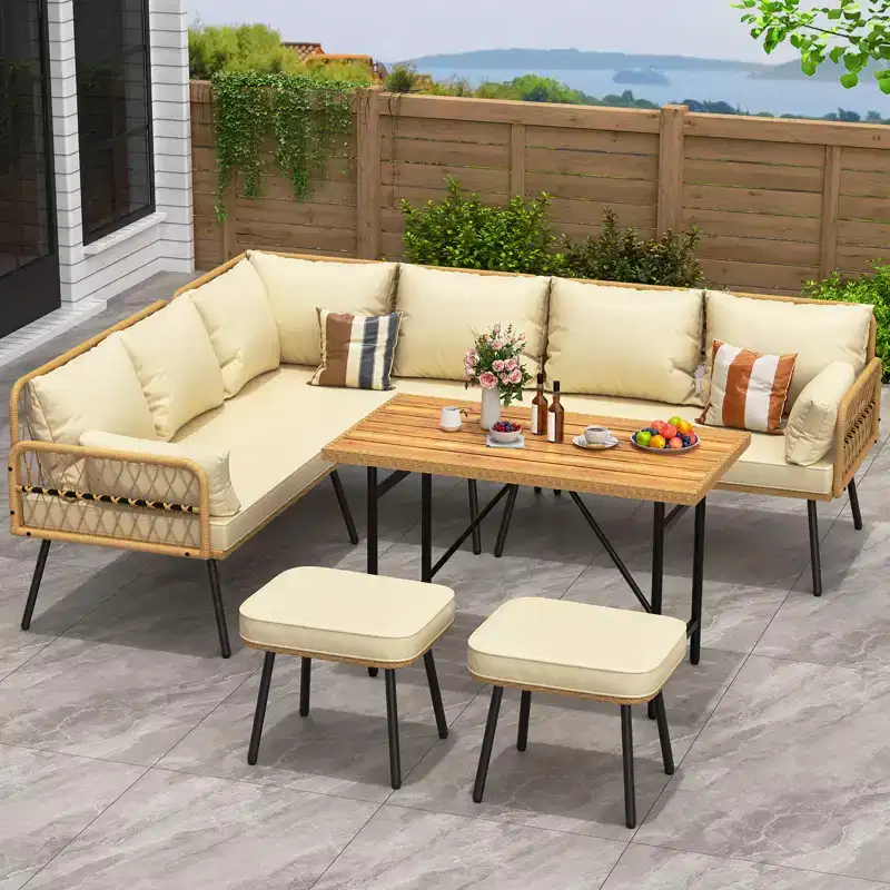 6 Pieces Wicker Patio Conversation Set with Table, Outdoor L-Shaped Sectional Sofa Set with Cushions, All Weather Boho Rattan Conversation Couch Sets