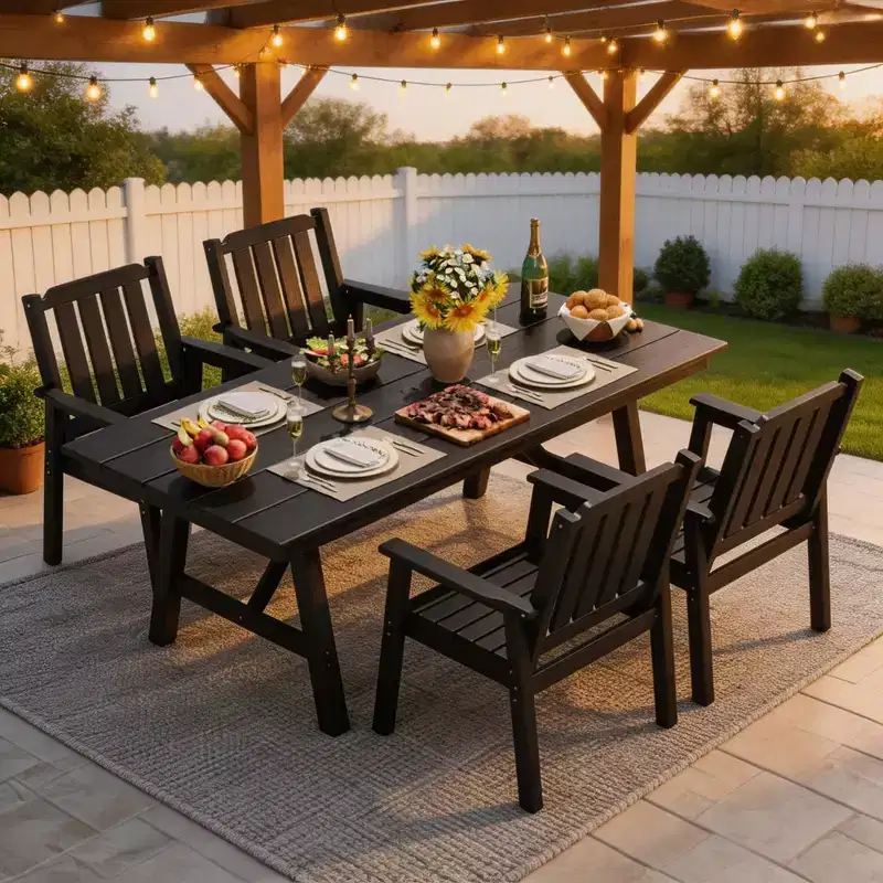 5-Piece Outdoor Dining Set for 4, HDPE All-Weather Patio Furniture with Table Umbrella Hole, Modern Armless Chairs for Backyard, Garden & Deck