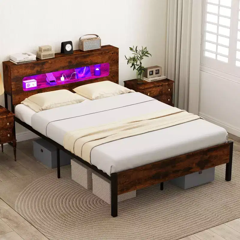 Costway Full Bed Frame with LED Lights Storage Headboard Power Outlets Strong Metal Support