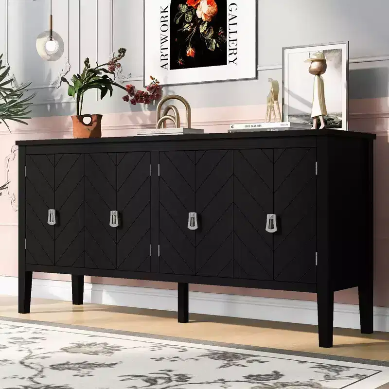 63 4-Door Sideboard Cabinet,Cupboard with Geometric Patterned Doors,Metal Handles,Adjustable Shelves,Console Table for Living Room,Dining Room