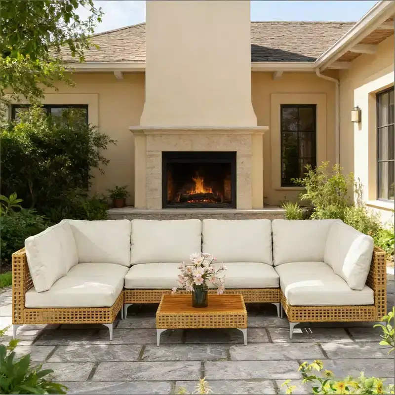 GDFStudio Flss 7-Piece Outdoor Wicker Sectional Conversation Set with Acacia Wood Coffee Table