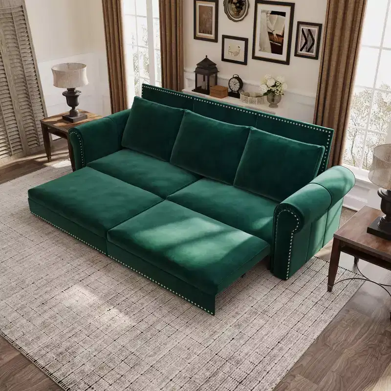 MAYEERTY 93.7 King Pull Out Sofa Bed, 3-in-1 Velvet Convertible Sleeper Sofa with Nailhead Trim and Rolled Arm Multifunctional Sofa Bed