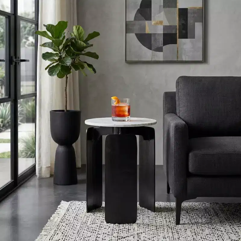 Modern Round Marble-Top Accent Side Table for Living Room Styling - Chic Narrow End Table with Sculptural Base for Home Decor - 20, White and Black