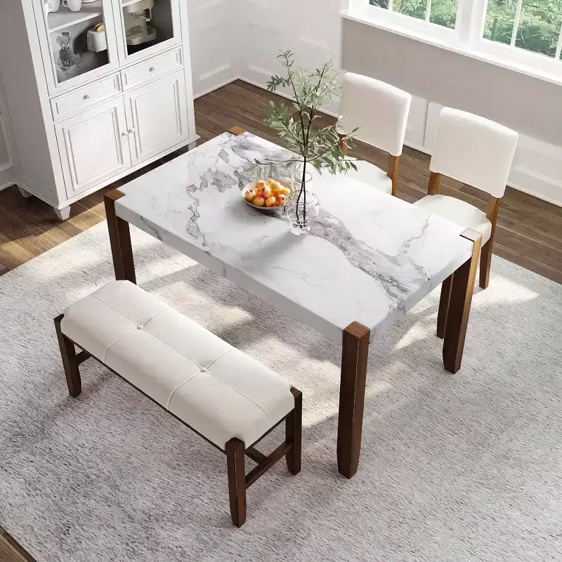 MAYEERTY 4-Piece Modern Dining Set, 46 Faux Marble Table, 2 Chairs & Bench