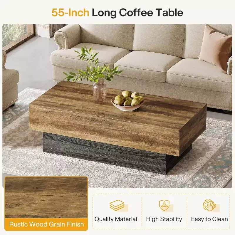 55-Inch Farmhouse Wood Coffee Table for Living Room, Office Reception Area