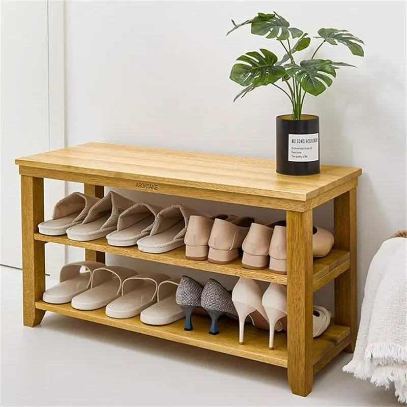 Natural/Brown 2-Tier Wood Shoe Bench for 1–2 Person