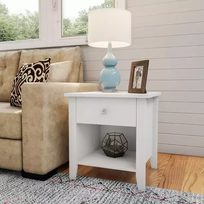 Hastings Home Wood End Table with Drawer and Open Shelf, Traditional Bedroom or Living Room Furniture, Use as Nightstand Table or Side Table, White
