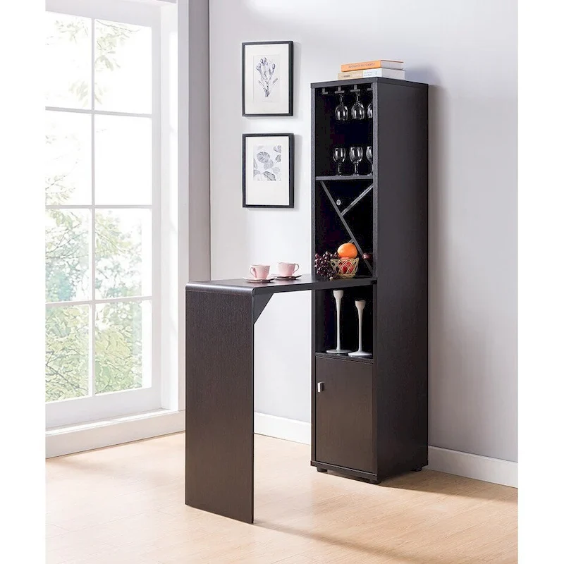 Bar Cabinet with Extendable Table, Wine Rack & Glass Holder – Espresso, Open Shelf, Bottom Cabinet