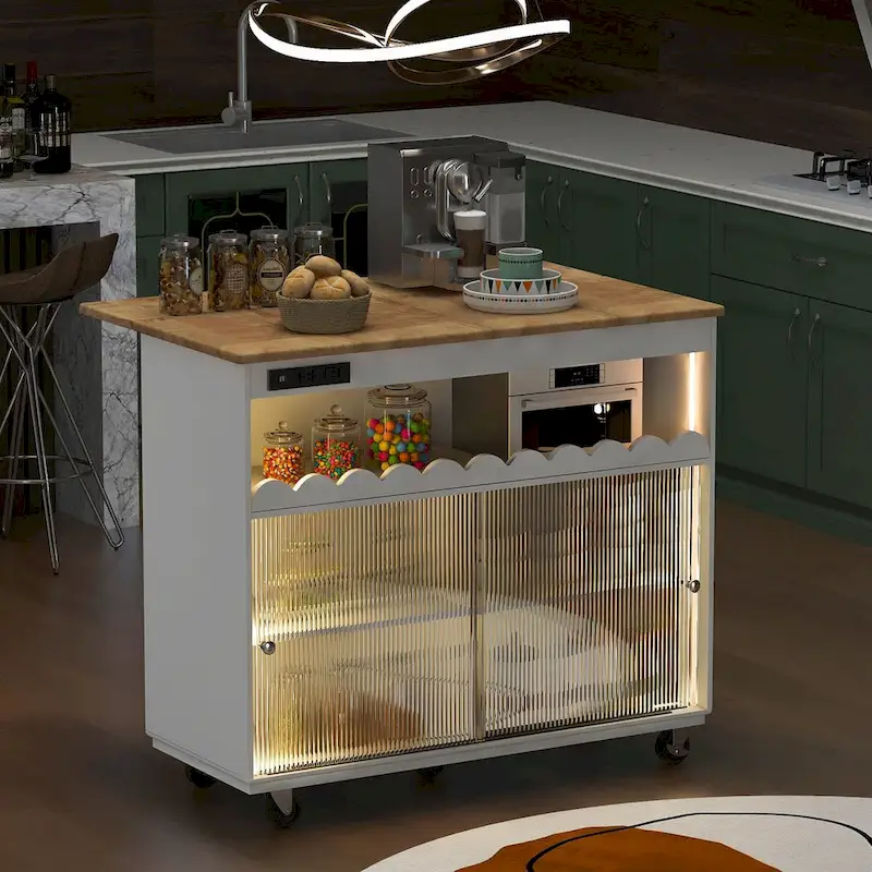 44 in. W Kitchen Island Rubberwood Drop-Leaf Countertop on 5 Wheels with Open Shelf and Wine Rack - 44