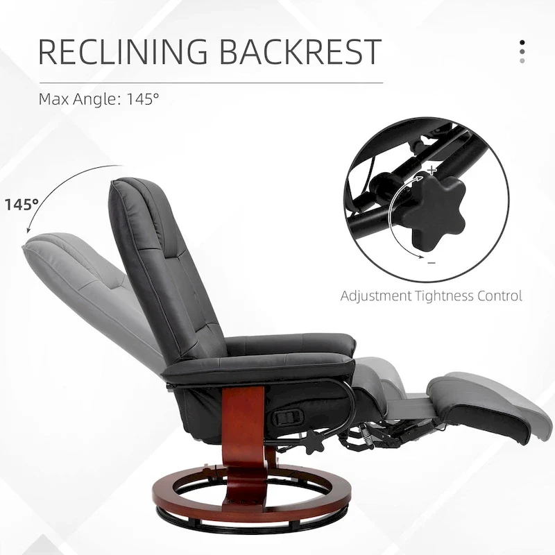 Faux Leather Manual Swivel Recliner Chair with Footrest, Armrest and Wrapped Wood Base