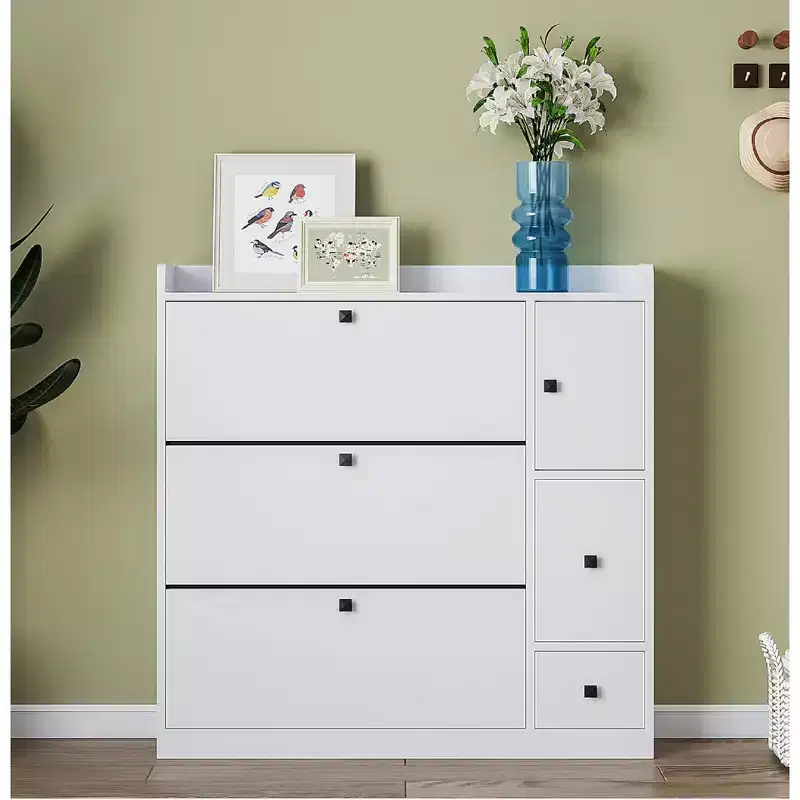 Shoe Cabinet with 3 Tipping Buckets, Storage Cabinet with 1 Drawer and Pull-down Seat for Entryway, Living Room, White