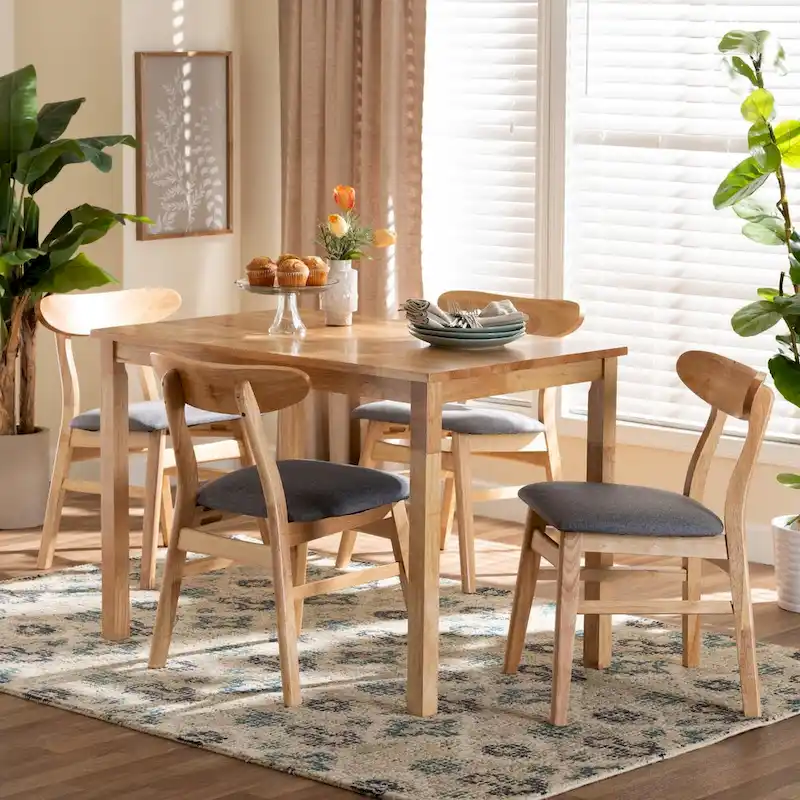 Norwin Mid-Century Grey Fabric and Natural Brown Finished Wood 5-Piece Dining Set