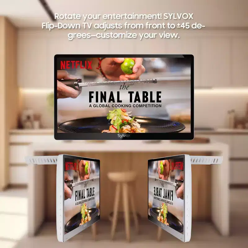 SYLVOX 15.6 Kitchen TV, 1080P Full HD Under Cabinet TV, Flip-Down TV with 90-Degree Rotation Folded, 12 Volt Small TV for Kitchen, RV Camper