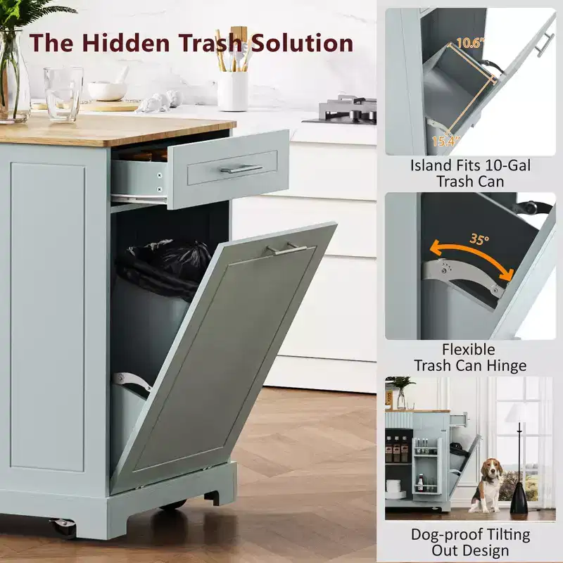 Whisen Classic Style Kitchen Islands on 5 Wheels with 3 Drawer and 3 Open Side Racks